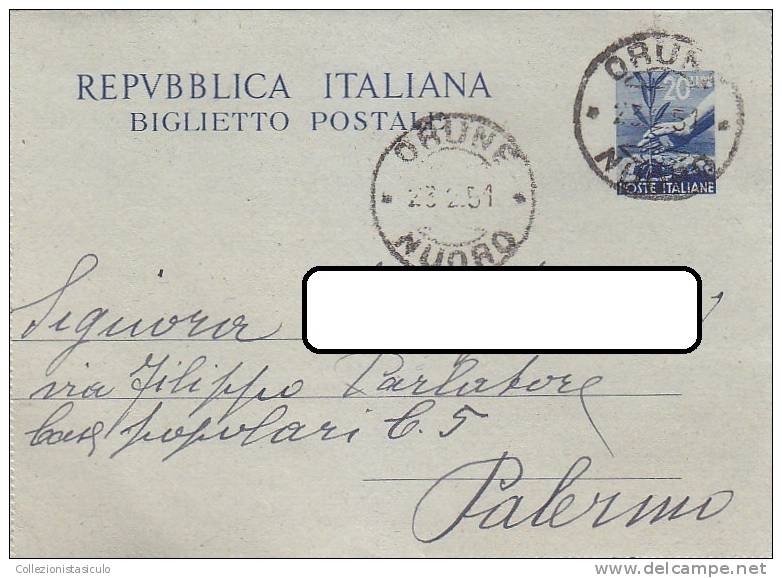 $3-2386- Biglietto Postale Democratica Lire 20 Da Orune  A Palermo - Interi Postali