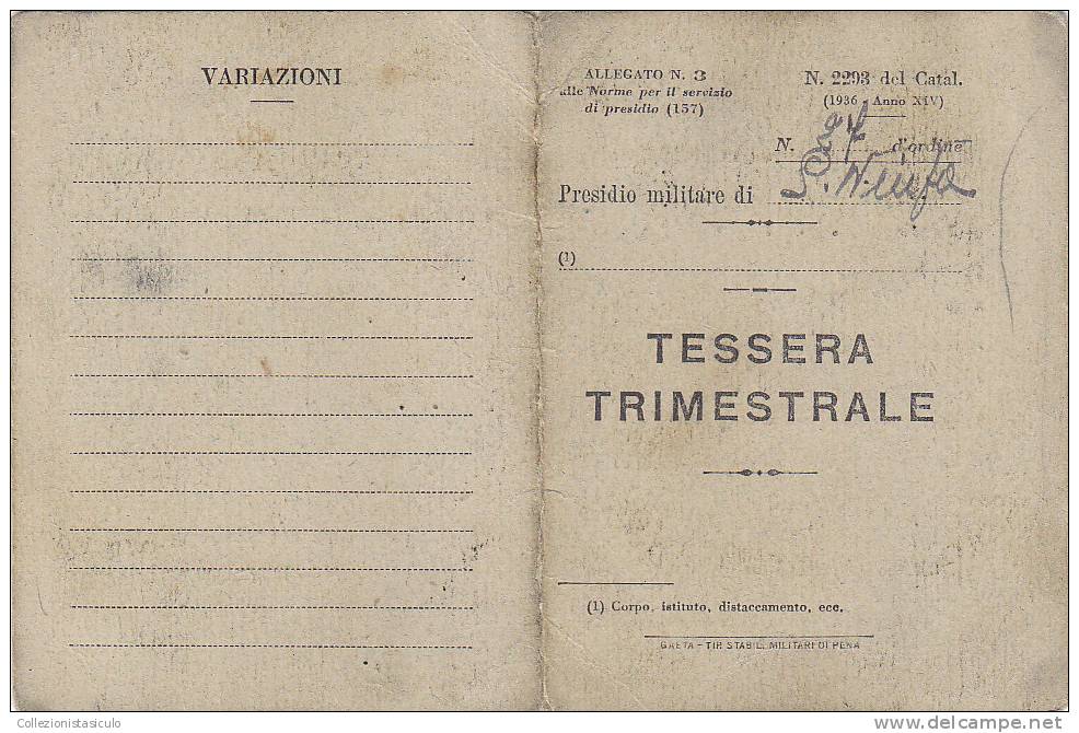 $3-2388 - Tessera Postino Di Reggimento Posta Militare P.M. 63 Santa Ninfa - Palermo 1942 - 1939-45