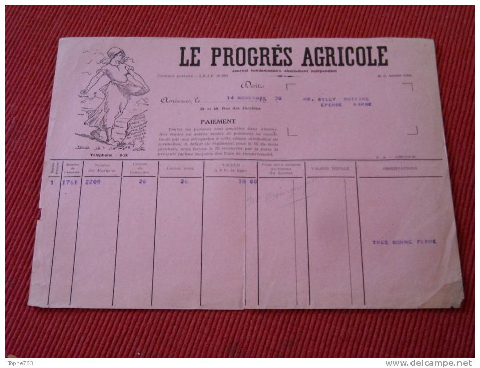 1930 Facture Du Journal Le Progrés Agricole à Amiens 80 - Printing & Stationeries
