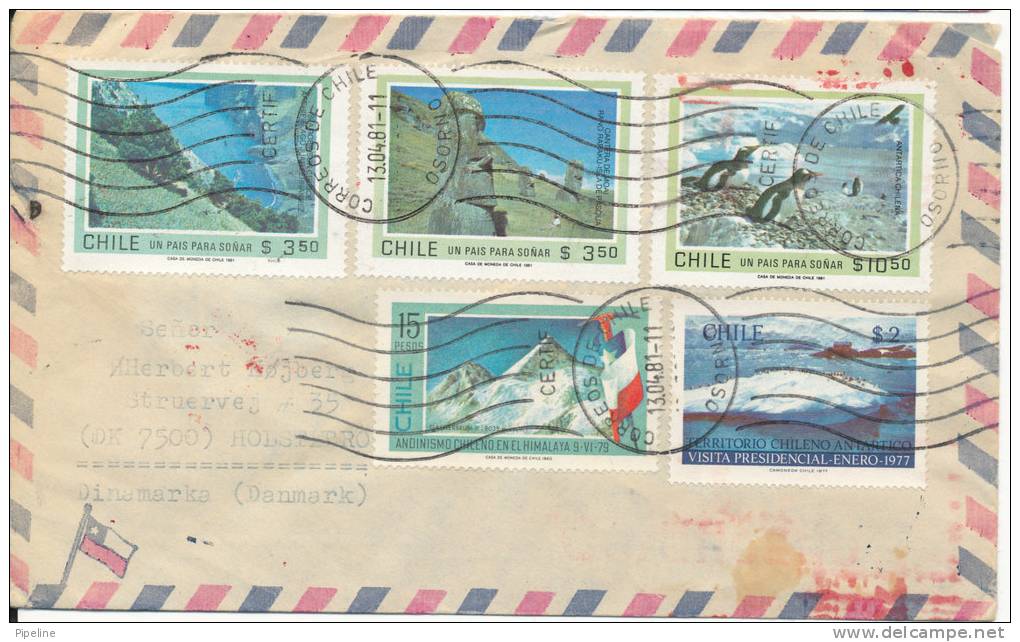 Chile Registered Air Mail Cover Sent To Denmark Osorno 13-4-1981 - Chili