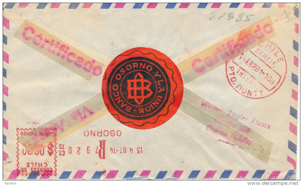 Chile Registered Air Mail Cover Sent To Denmark Osorno 13-4-1981 - Chili