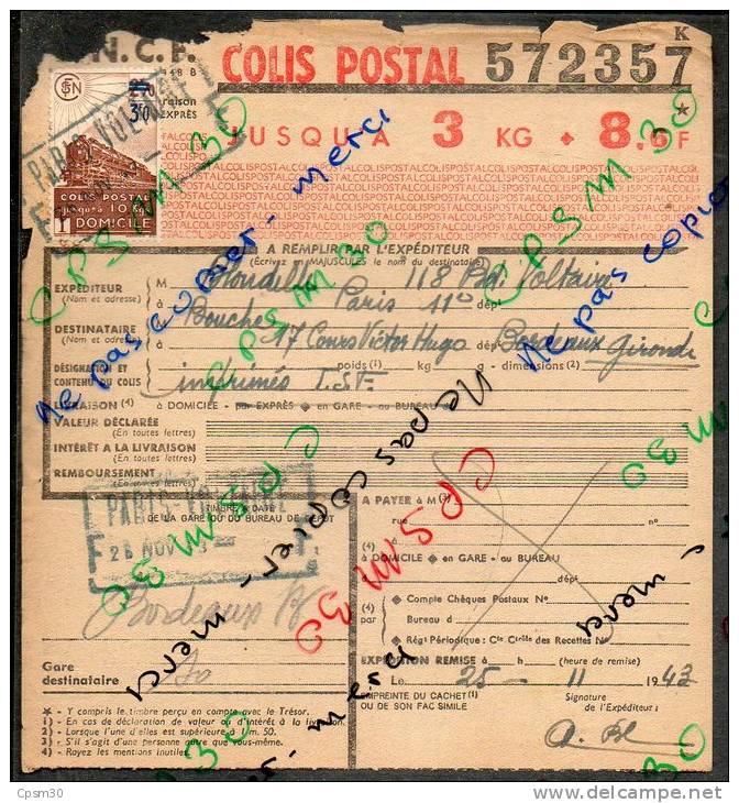 Colis Postaux Bulletin D´expédition (8.6F) Avec Timbre 2.70 Barré 3.F0 N° 572357 (cachet Gare Paris Voltaire) - Lettres & Documents