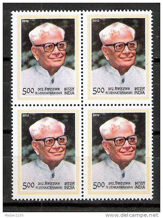 INDIA 2012  R Venkataraman,   Block Of 4, MNH,  (**) - Unused Stamps