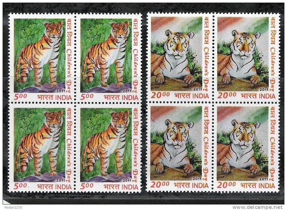 INDIA, 2011,  Childrens Day, Set 2 V, Standing And Sitting Tigers, Block Of 4, MNH, (**) - Felini