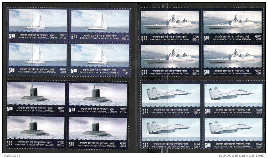INDIA, 2011, Presidents Review Of The Fleet, Set 4 V, Block Of 4,  MNH, (**) - Unused Stamps