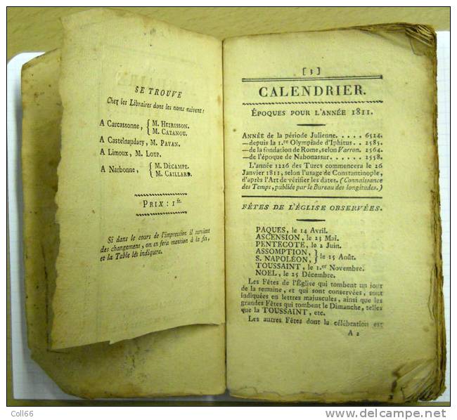 1811  Annuaire Almanach Du Département De L´Aude 206 Pages De Documentation Sur L´époque 9x16cms - 1801-1900