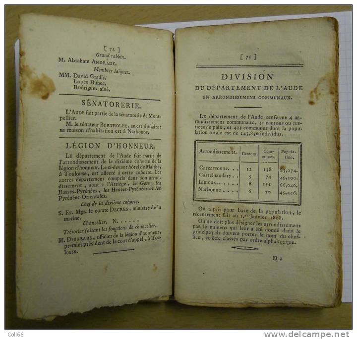 1811  Annuaire Almanach Du Département De L´Aude 206 Pages De Documentation Sur L´époque 9x16cms - 1801-1900
