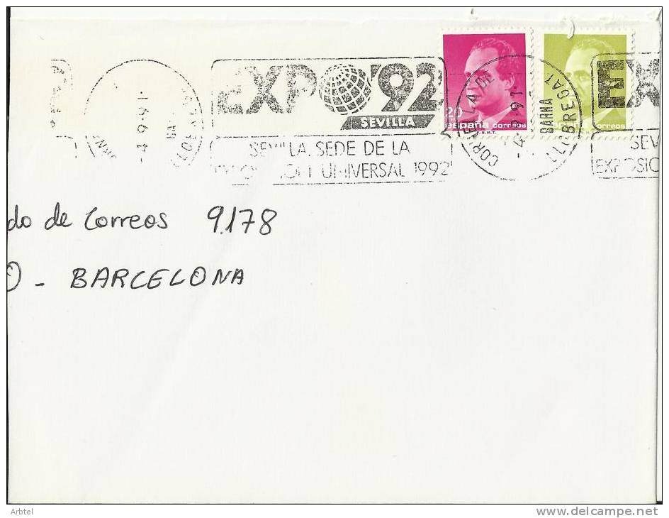 CORNELLA DE LLOBREGAT BARCELONA CC CON MAT EXPO 92 SEVILLA Sobre Cortado - 1992 – Séville (Espagne)