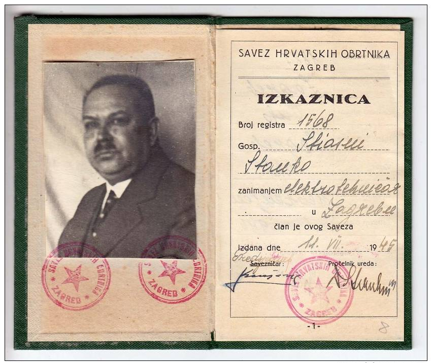 H CROATIAN ASSOCIATION OF CRAFTSMEN ZAGREB IDENTITY CARD FNRJ JUGOSLAVIA ZAGREB CROATIA - Documenti Storici