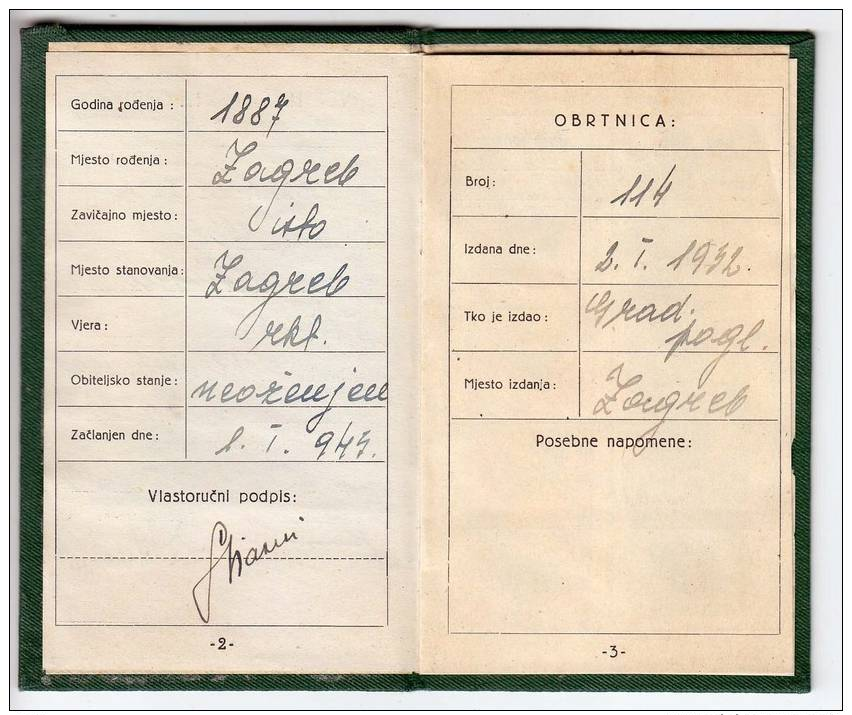 H CROATIAN ASSOCIATION OF CRAFTSMEN ZAGREB IDENTITY CARD FNRJ JUGOSLAVIA ZAGREB CROATIA - Historical Documents