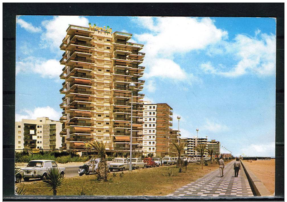 GANDIA ( VALENCIA). EDIFICIO MANILA Y LA PLAYA.ANIMADA,COCHES  CON SELLO  1975 - Valencia