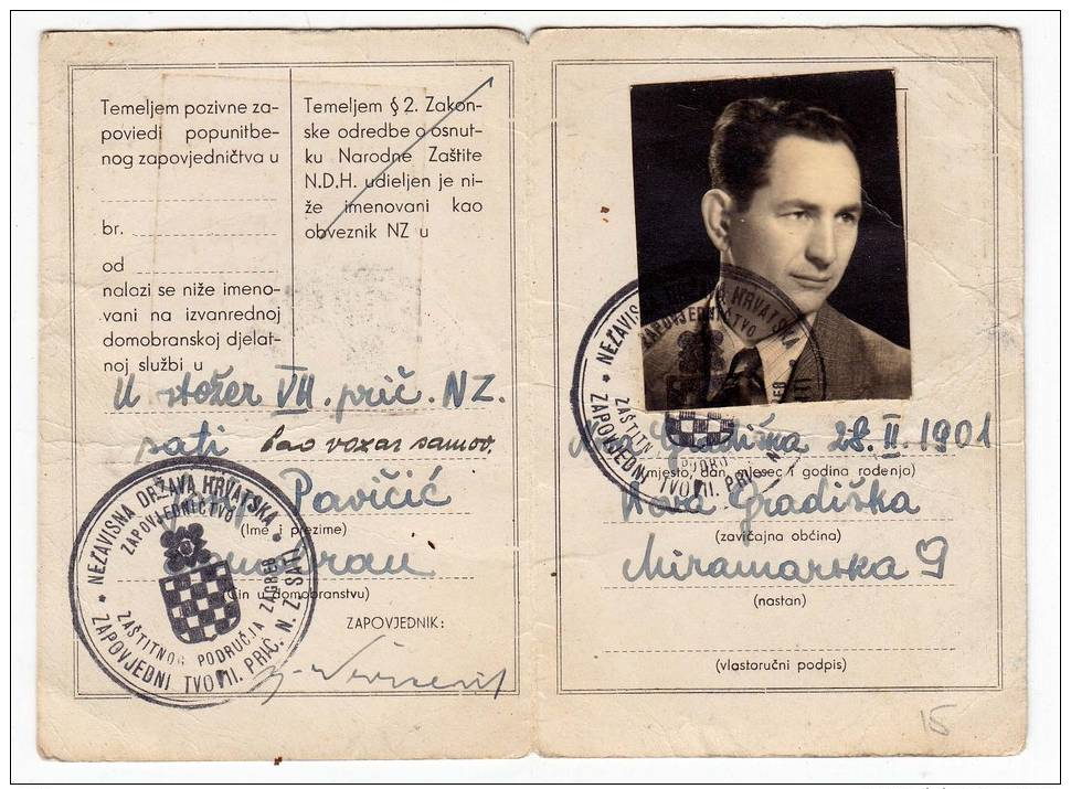 H COMMAND CONSERVATION AREA ZAGREB IDENTITY CARD NDH ZAGREB CROATIA - Historical Documents