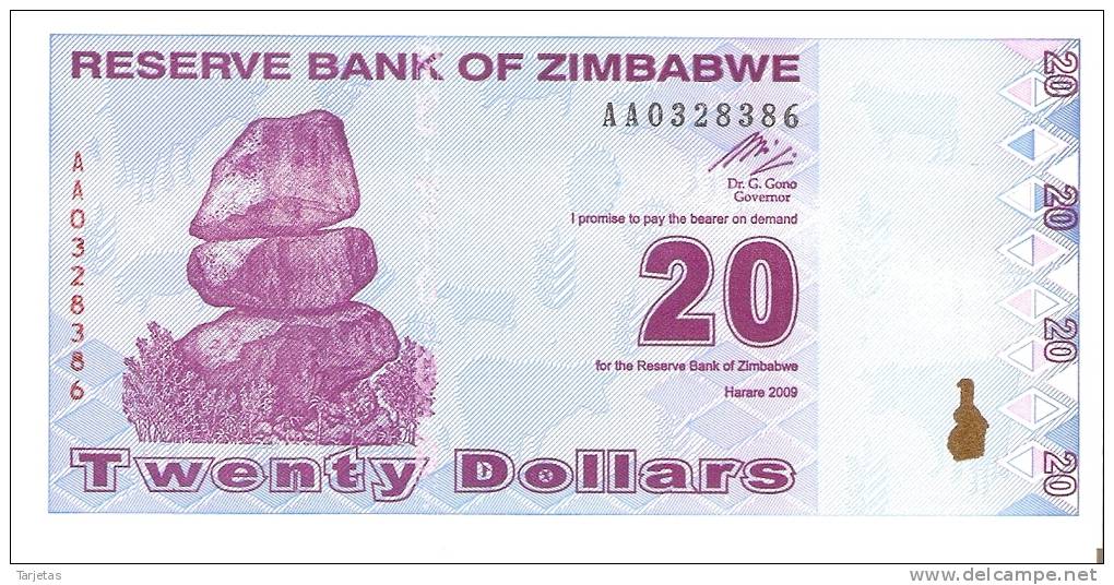 BILLETE DE ZIMBAWE DE 20 DOLARES DEL AÑO 2009 SIN CIRCULAR-UNCIRCULATED  (BANKNOTE-BANK NOTE) - Zimbabwe