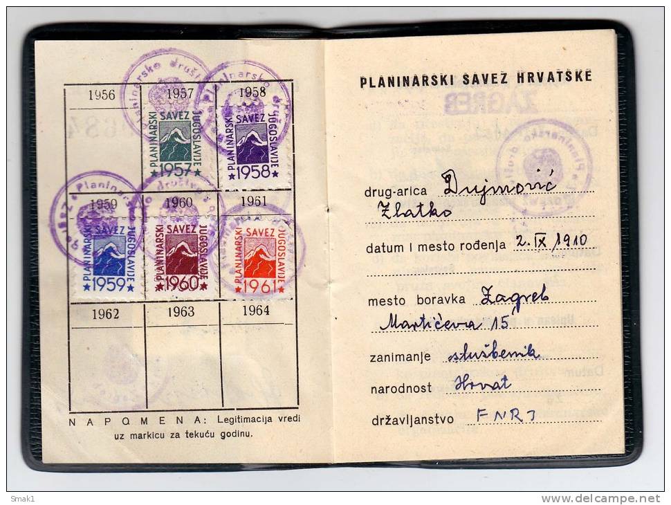 H MOUNTAIN FEDERATION OF YUGOSLAVIA MEMBERSHIP CARD FNRJ JUGOSLAVIA ZAGREB CROATIA - Historical Documents