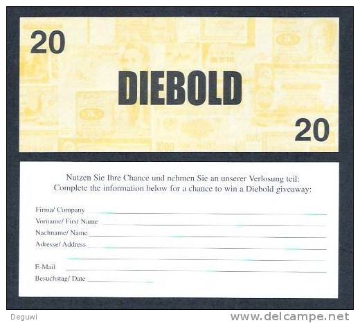 Test Note "DIEBOLD, Typ D, 20 Dollar, Testnote, Beids. Druck, RRRR, UNC, Extrem Selten!!! - Other & Unclassified