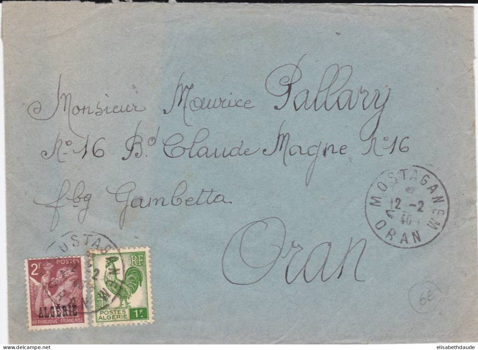 ALGERIE - 1946 - ENVELOPPE De MOSTAGANEM Pour ORAN - IRIS + COQ - Cartas & Documentos