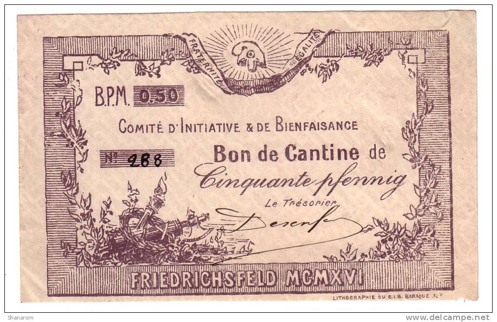 1916 //  P.O.W. FRIEDRICHSFELD // COMITE D'INITIATIVE & DE BIENFAISANCE  // 50 Pfenning - Bons & Nécessité