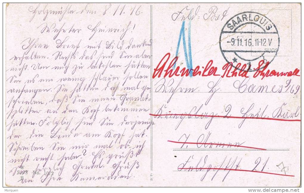 3944. Carta Feldpost SAARLOUIS (Alemania) Sarre 1916. Correo Militar - Cartas & Documentos