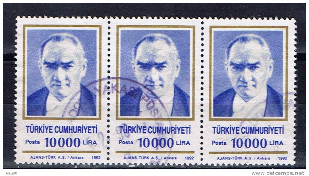 TR Türkei 1992 Mi 2951 Atatürk (Dreierstreifen) - Oblitérés