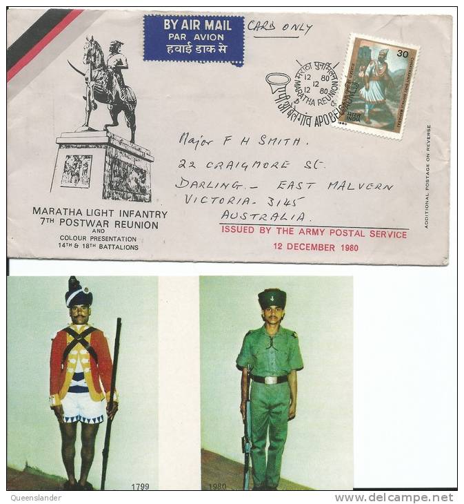 1980 Maratha Light Infantry 7th Postwar Reuion FDI Postmark Stamp On Front, To Australia & Postcard & Booklet - FDC