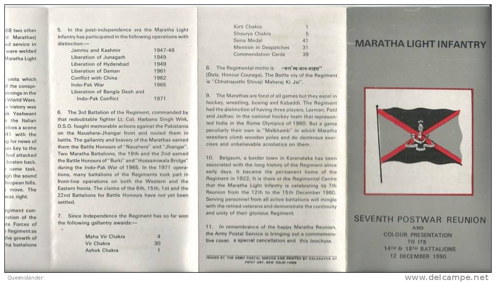 1980 Maratha Light Infantry 7th Postwar Reuion FDI Postmark Stamp On Front, To Australia & Postcard & Booklet - FDC