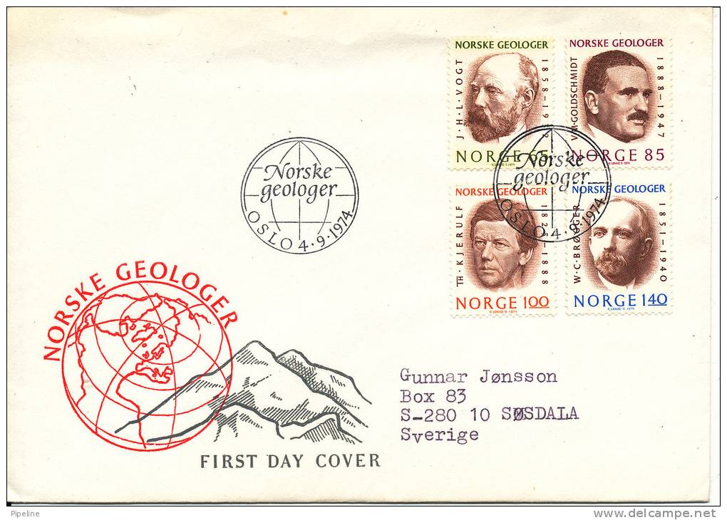 Norway FDC Norwegean Geological Persons Complete Set Of 4 Sent To Sweden 4-9-1974 With Cachet - FDC