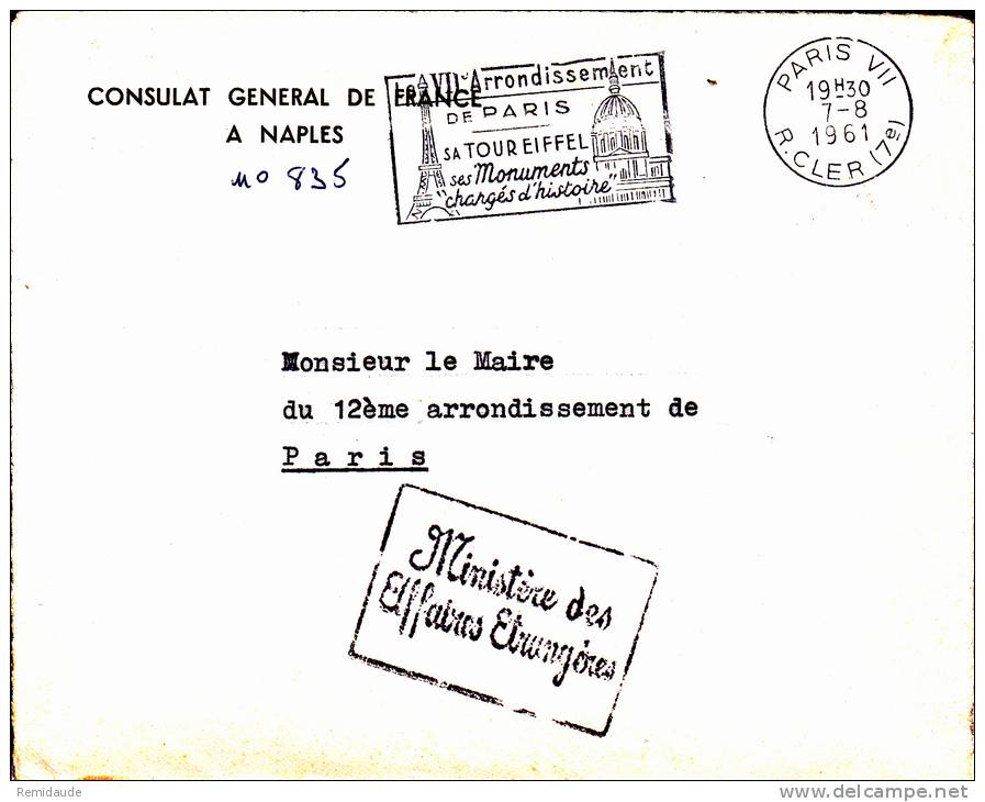 ITALIE - 1961 - ENVELOPPE Du CONSULAT De FRANCE à NAPLES - Franking Machines (EMA)