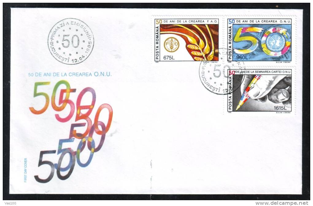 50 YEARS FROM CREATION ONU,COVER FDC,1995,ROMANIA - ONU