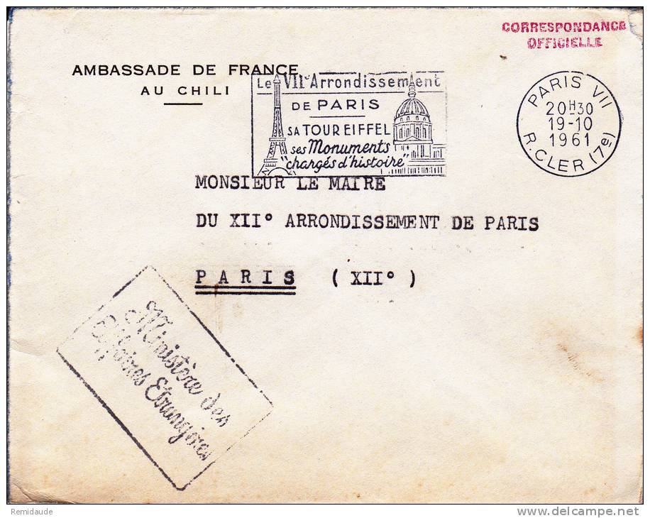 CHILI - 1961 - ENVELOPPE De L'AMBASSADE De FRANCE à SANTIAGO - Frankobriefe