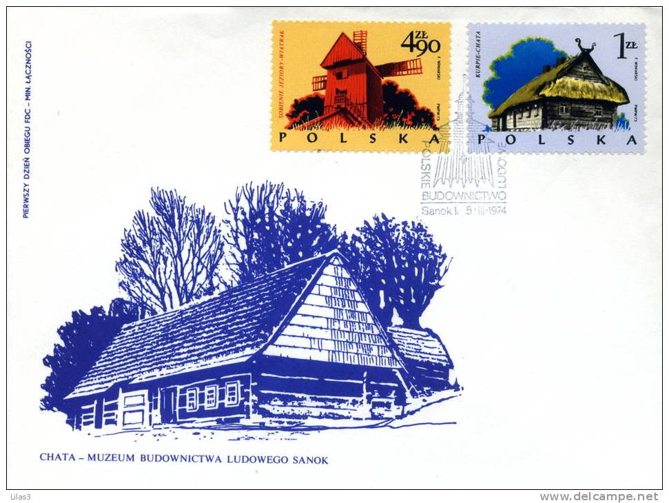 Pologne Premire Jour Timbres Moulins à Vent Et Chaumière 1974 Energie - FDC