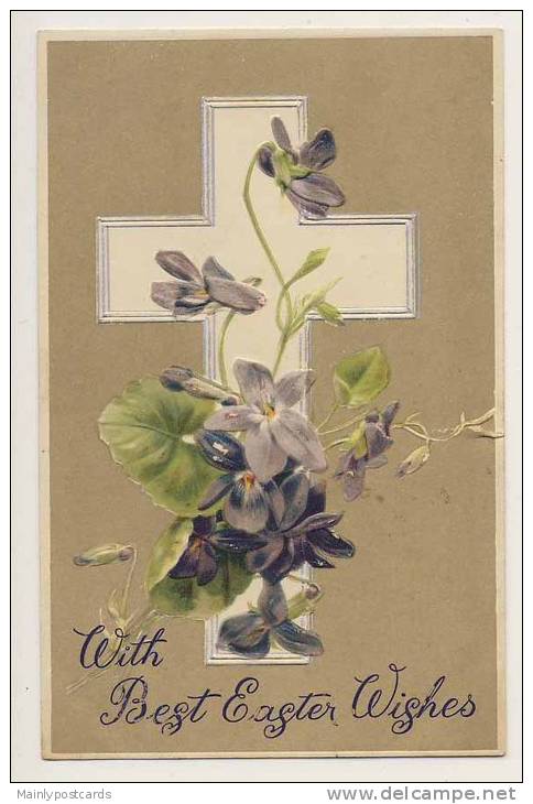 Greetings - Easter Wishes, Cross, Flowers, Embossed - Pâques