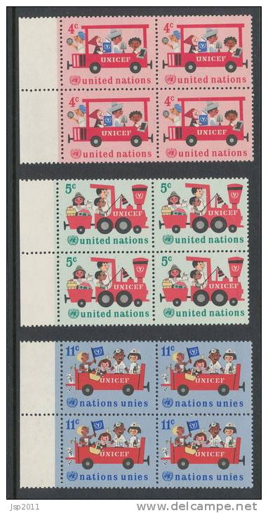 UN New York 1966 Michel 171-173, 3 Blocks Of 4, MNH** - Blocks & Sheetlets