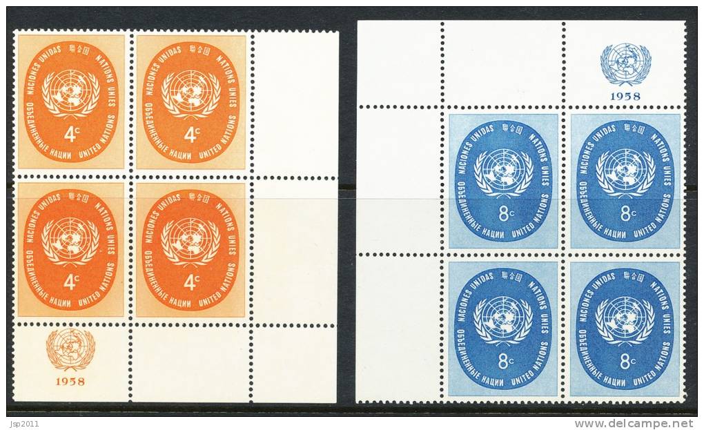 UN New York 1958 Michel 70-71, 2 Blocks Of 4, Lable Corner Blocks, MNH** - Blocks & Sheetlets