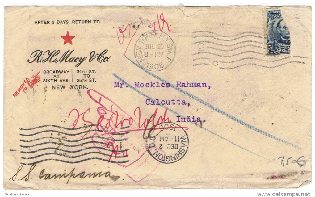 L-US-30 - ETATS-UNIS Lettre à Destination De Calcutta Retournée à L'expéditeur 1906 - Briefe U. Dokumente