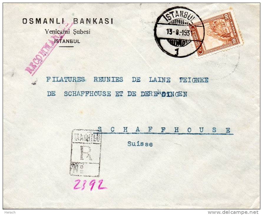 TURQUIE LETTRE RECOMMANDEE POUR LA SUISSE 1931 - Covers & Documents