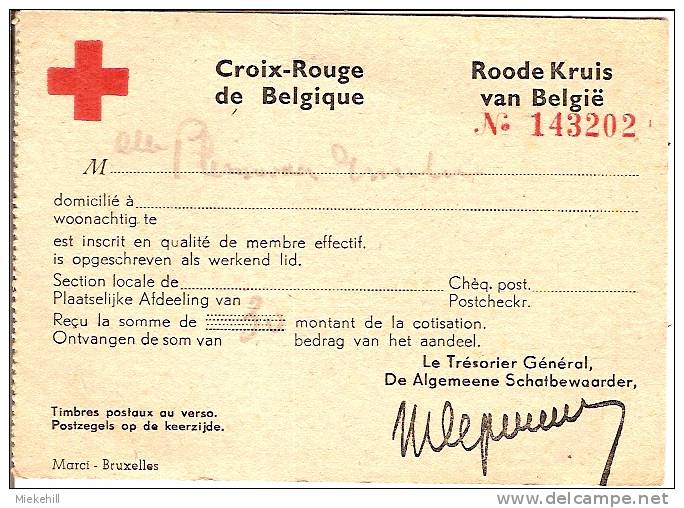 CARTE DE MEMBRE DE LA CROIX ROUGE DE BELGIQUE-ROODE KRUIS - Rode Kruis