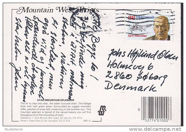 United States PPC Utah Mountain Spendor Sent To Denmark Flight Pioneer Igor Sikorsky Helicopter Stamp (2 Scans) - Altri & Non Classificati