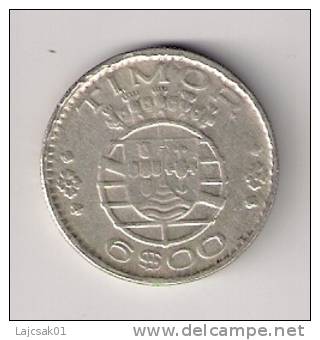 D1 Timor 6 Escudos 1958. KM#15 Silver Argent Ag - Timor