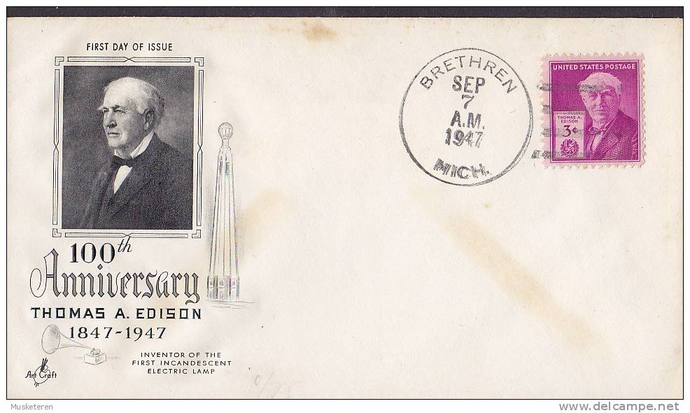 ## United States Ersttag Brief FDC Cover 1947 Thomas A. Edison Artcraft Cachet - 1941-1950