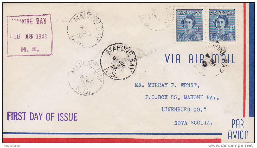Canada Airmail Par Avion MAHONE BAY 1948 FDC Cover Premier Jour Lettre NOVA SCOTIA Marriage Princess Elizabeth (2 Scans) - ....-1951