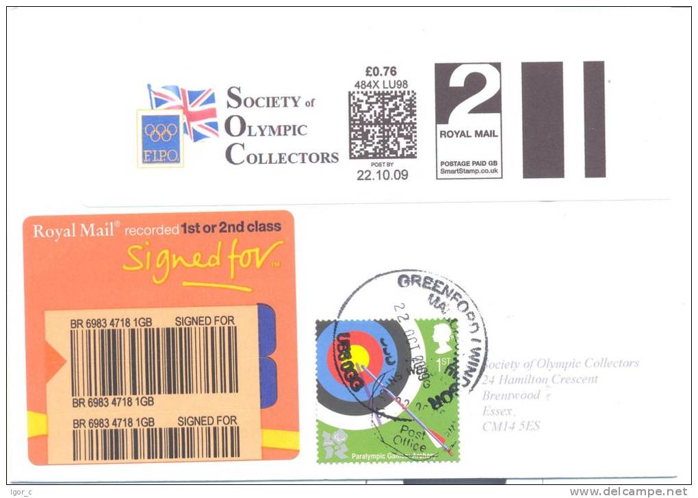 Olympic Games 2012 London; Archery Stamp + Smart Stamp; Registered Letter - Estate 2012: London