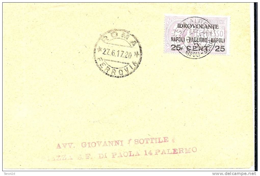 LSAU7 -  V.E.III VOL NAPOLI/PALERMO/NAPOLI 28/6/1917 SUR ENVELOPPE - Poste Aérienne