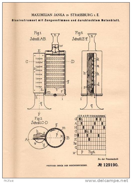 Original Patentschrift - M. Janka In Strassburg I.E., 1901 , Trompete Mit Notenblatt , Tuba , Posaune , Blasorchester ! - Instruments De Musique