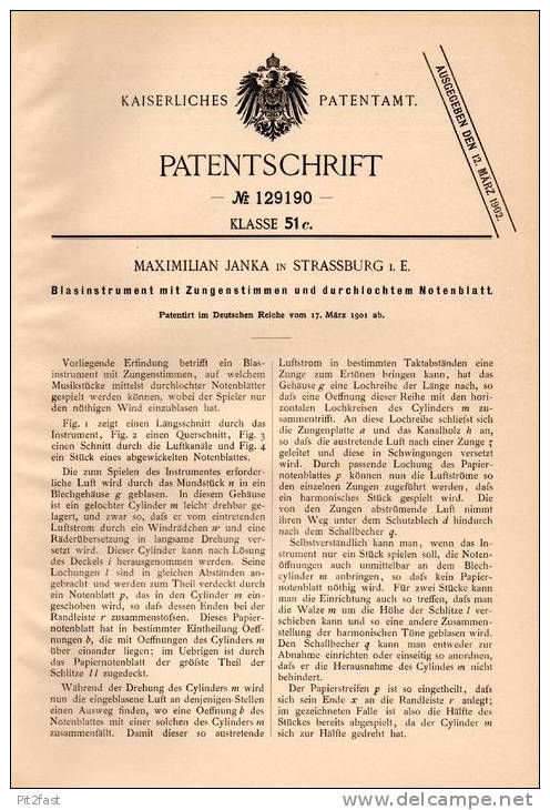 Original Patentschrift - M. Janka In Strassburg I.E., 1901 , Trompete Mit Notenblatt , Tuba , Posaune , Blasorchester ! - Instruments De Musique
