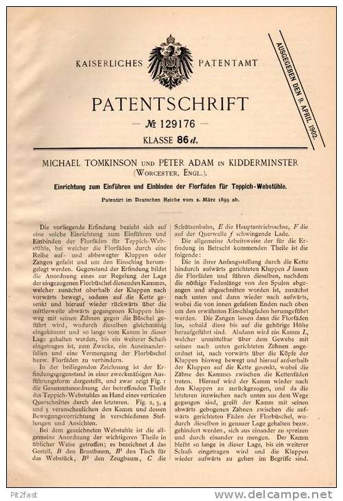 Original Patentschrift - M. Tomkinson In Kidderminster , Worcester , 1899 , Apparat Für Teppich - Webstuhl , Weberei !!! - Tools