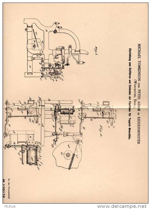 Original Patentschrift - M. Tomkinson In Kidderminster , Worcester , 1899 , Apparat Für Teppich - Webstuhl , Weberei !!! - Tools