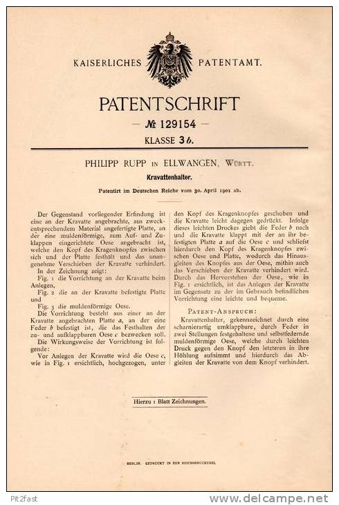Original Patentschrift - P. Rupp In Ellwangen , 1901 , Halter Für Kravatten , Kravatte !!! - Cravates