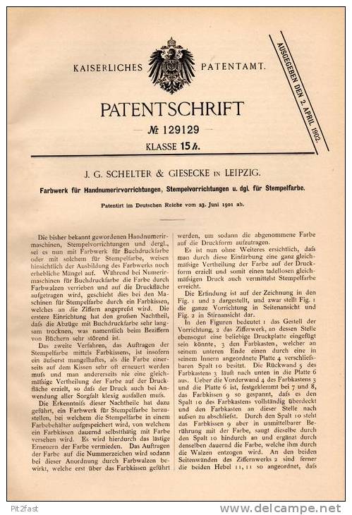 Original Patentschrift - Schelter & Giesecke In Leipzig , 1901 , Stempel - Farbwerk Für Stempelfarbe  !!! - Cachets