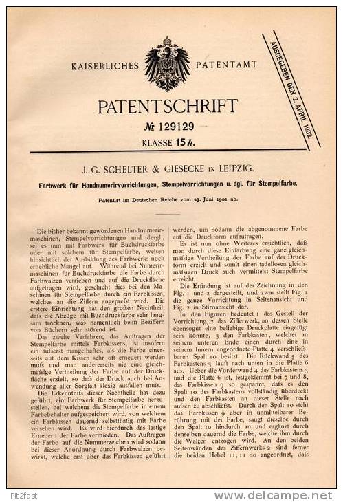 Original Patentschrift - Schelter & Giesecke In Leipzig , 1901 , Stempel - Farbwerk Für Stempelfarbe  !!! - Stempel & Siegel