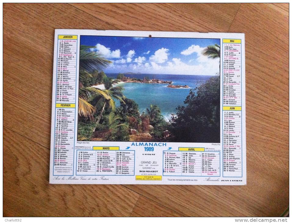 Calendrier Grand Format 1989 JEAN LAVIGNEPLAGE DES ILES SOIR D'ETE SUR LA PLAGE - Formato Grande : 1981-90